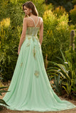 Green A Line Beaded Corset Lace Up Back Long Prom Dress with Sequins