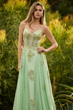 Green A Line Beaded Corset Lace Up Back Long Prom Dress with Sequins