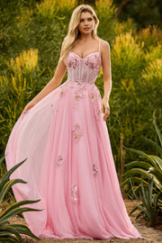 Pink A Line Corset Beaded Sequin Long Prom Dress with Lace Up Back