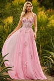 Pink A Line Corset Beaded Sequin Long Prom Dress with Lace Up Back