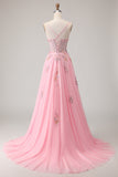Pink A Line Corset Beaded Sequins Appliqued Long Prom Dress with Lace Up Back
