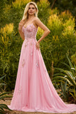 Pink A Line Corset Beaded Sequin Long Prom Dress with Lace Up Back