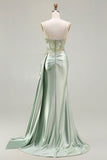 Green Mermaid Beaded Corset Appliqued Satin Long Prom Dress with Slit