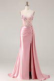 Pink Mermaid Beaded Corset Appliqued Satin Long Prom Dress with Slit