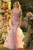Off the Shoulder Blush Mermaid Beaded Appliqued Corset Long Prom Dress with Ruffles