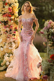 Off the Shoulder Blush Mermaid Beaded Appliqued Corset Long Prom Dress with Ruffles