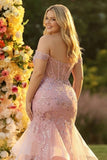 Off the Shoulder Blush Mermaid Beaded Corset Long Plus Size Prom Dress with Ruffles