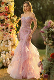Off the Shoulder Blush Mermaid Beaded Appliqued Corset Long Prom Dress with Ruffles