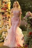 Off the Shoulder Blush Mermaid Beaded Appliqued Corset Long Prom Dress with Ruffles