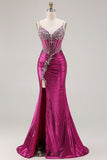 Dark Purple Mermaid Beaded Corset Long Prom Dress with Slit