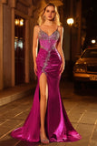 Dark Purple Mermaid Beaded Corset Long Prom Dress with Slit