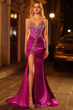 Dark Purple Mermaid Beaded Corset Long Prom Dress with Slit