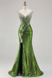 Dark Purple Mermaid Beaded Corset Long Prom Dress with Slit