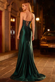 Burgundy Mermaid Strapless Corset Beaded Sequin Long Prom Dress with Slit