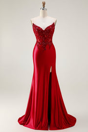 Red Mermaid Strapless Appliqued Corset Beaded Long Prom Dress with Slit
