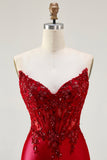 Red Mermaid Strapless Appliqued Corset Beaded Long Prom Dress with Slit