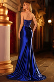 Royal Blue Strapless Mermaid Satin Corset Beaded Long Prom Dress with Slit
