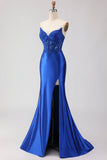 Royal Blue Strapless Mermaid Satin Corset Beaded Long Prom Dress with Slit