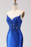 Royal Blue Strapless Mermaid Satin Corset Beaded Long Prom Dress with Slit