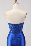Royal Blue Strapless Mermaid Satin Corset Beaded Long Prom Dress with Slit