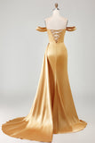 Golden Mermaid Off the Shoulder Beaded Pleated Satin Long Prom Dress with Slit