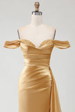 Golden Mermaid Off the Shoulder Beaded Pleated Satin Long Prom Dress with Slit