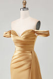 Golden Mermaid Off the Shoulder Beaded Pleated Satin Long Prom Dress with Slit