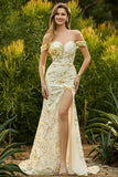Yellow Mermaid Off The Shoulder Sequins Long Prom Dress with Slit