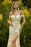 Yellow Mermaid Off The Shoulder Sequins Long Prom Dress with Slit