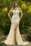 Yellow Mermaid Off The Shoulder Sequins Long Prom Dress with Slit