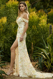 Yellow Mermaid Off The Shoulder Sequins Long Prom Dress with Slit