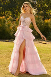 Pink Sweetheart A-Line Ruffled Corset Long Prom Dress with Slit