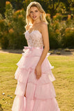 Pink Sweetheart A-Line Ruffled Corset Long Prom Dress with Slit