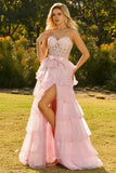 Pink Sweetheart A-Line Ruffled Corset Long Prom Dress with Slit