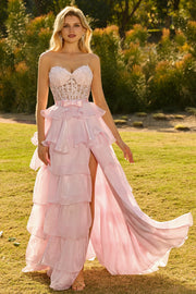 Pink Sweetheart A-Line Ruffled Corset Long Prom Dress with Slit