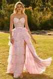 Pink Sweetheart A-Line Ruffled Corset Long Prom Dress with Slit
