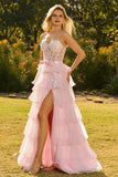 Pink Sweetheart A-Line Ruffled Corset Long Prom Dress with Slit