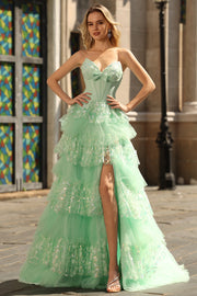 Green A Line Corset Sweetheart Tiered Ruffled Long Prom Dress with Sequins
