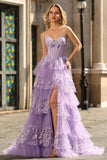 Purple Sweetheart A Line Corset Tiered Ruffle Long Prom Dress with Sequins