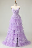 Sweetheart A Line Purple Corset Tiered Ruffle Long Prom Dress with Sequins