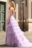 Purple Sweetheart A Line Corset Tiered Ruffle Long Prom Dress with Sequins