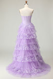 Sweetheart A Line Purple Corset Tiered Ruffle Long Prom Dress with Sequins