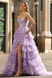Purple Sweetheart A Line Corset Tiered Ruffle Long Prom Dress with Sequins