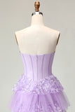 Sweetheart A Line Purple Corset Tiered Ruffle Long Prom Dress with Sequins