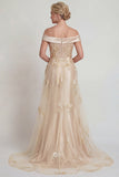Champagne Off the Shoulder Satin Mermaid Mother of the Bride Dress with Appliques