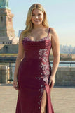 Burgundy Mermaid Beaded Embroidered Plus Size Long Prom Dress with Slit