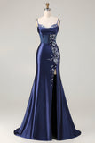 Navy Mermaid Beaded Corset Embroidered Long Prom Dress with Slit