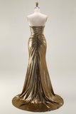 Metallic Dark Golden Mermaid Strapless Cut Out Long Prom Dress with Slit