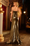 Metallic Golden Beaded Mermaid Corset Long Prom Dress With Slit
