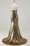 Metallic Dark Golden Beaded Corset Strapless Long Prom Dress